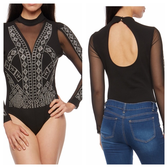 🎉🅷🅿Studded Mesh Insert Bodysuit Back Keyhole - Picture 3 of 7